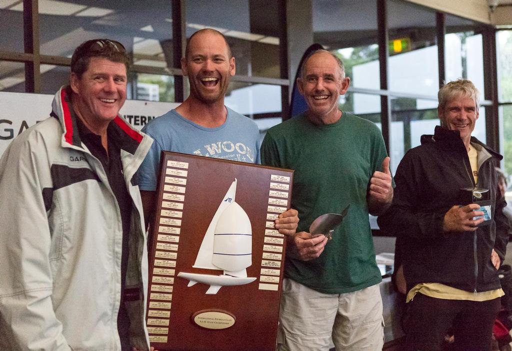 Winners are grinners – none more so than Graeme Taylor, Steve Jarvin and Grant Simmer as Garmin’s Jason Browne presented them their loot. - Garmin NSW Etchells Championship © Kylie Wilson Positive Image - copyright http://www.positiveimage.com.au/etchells