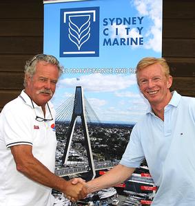 John Winning (left) and John Hickey at the Sydney City Marine Announcement - JJ Giltinan 18ft Skiff Championship 2014 photo copyright Australian 18 Footers League http://www.18footers.com.au taken at  and featuring the  class