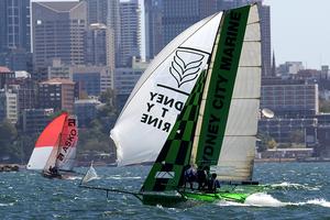 sydney city marine put out of contention with torn spinnaker - 18ft Skiffs Australian Championship 2014 photo copyright Australian 18 Footers League http://www.18footers.com.au taken at  and featuring the  class