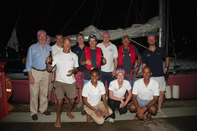 Sérénade, Denis Vilotte's JNP 12 was the smallest crew in the race with just 3. They also sailed the shortest course in the race at just 2991nm. In this picture, they are joined by Andrew McIrvine (RORC Admiral/IMA Secretary General), Eddie Warden Owen (RORC CEO) and Nick Elliott (RORC Racing Manager) as well as Nick Kingsman (Westerhall Rums) and staff from Camper & Nicholsons Port Louis Marina, Grenada. What a welcome! - 2014 RORC Transatlantic Race. © RORC/Arthur Daniel and Orlando K Romain