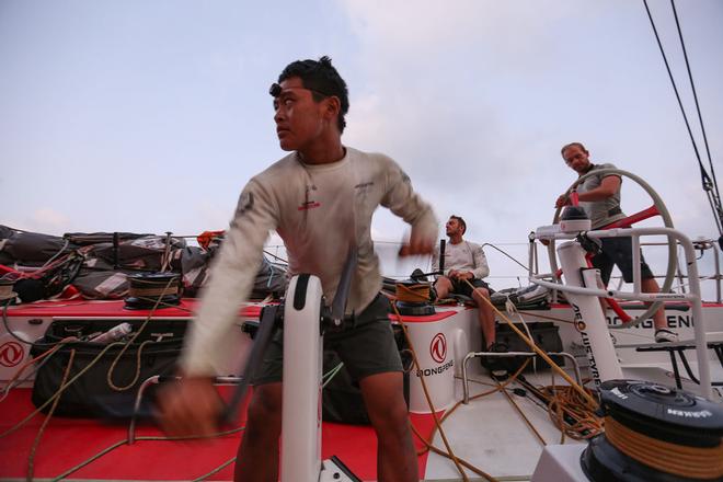 Leg Two, Day 19 - Black onboard - Black working hard onboard as the team fight to catch Team Brunel  - Volvo Ocean Race 2014-15. © Yann Riou / Dongfeng Race Team