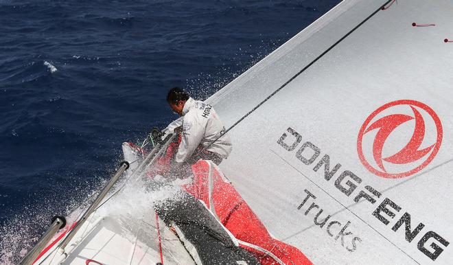 Leg two, Day 16 - Horace onboard Dongfeng - Lots of wind shifts and action on foredeck for Horace  - Volov Ocean Race 2014-15. © Yann Riou / Dongfeng Race Team