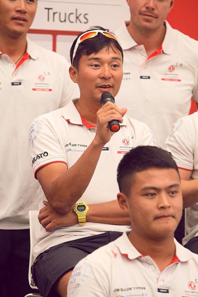 Smiles all round from Cheng Ying Kit (Kit) at this morning's press conference - Volvo Ocean Race 2014-15. © Alex Wang/Dongfeng Race Team