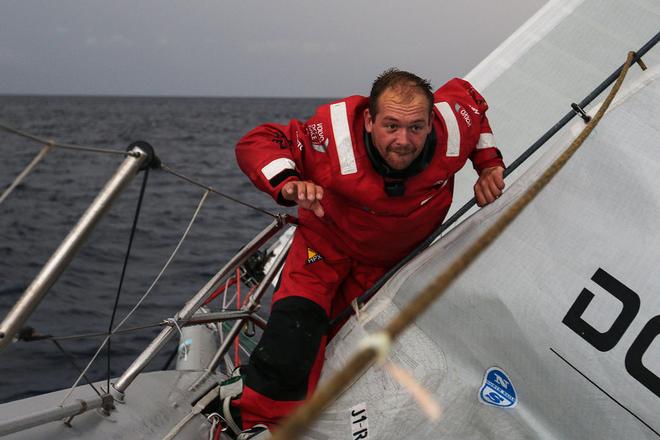 Leg two, Day 15 - Kevin Escoffier onboard - Clouds, showers and full wet weather gear onboard for the team onboard Dongfeng - Volov Ocean Race 2014-15. © Yann Riou / Dongfeng Race Team