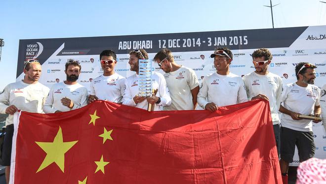 Leg Two arrivals - Abu Dhabi  Dongfeng Race Team arrive in Abu Dhabi on 13th December in second place, with an official finish time of 08:41:40 UTC (16m 20s behind Team Brunel 08:25:20) - Volvo Ocean Race 2014-15. © Yann Riou / Dongfeng Race Team