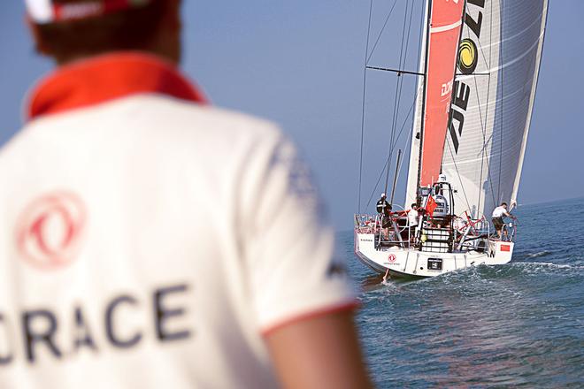 Leg three start - Abu Dhabi to Sanya - Families, friends and teammates wave goodbye to Dongfeng Race Team as they leave Abu Dhabi and head home to Sanya  - Volvo Ocean Race 2014-15 - Leg three. © Alex Wang / Dongfeng Race Team