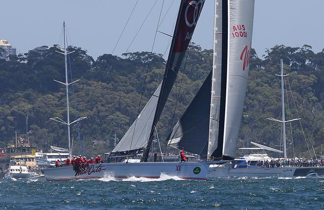 Wild Oats XI gives chase to Comanche at the start. © Crosbie Lorimer http://www.crosbielorimer.com