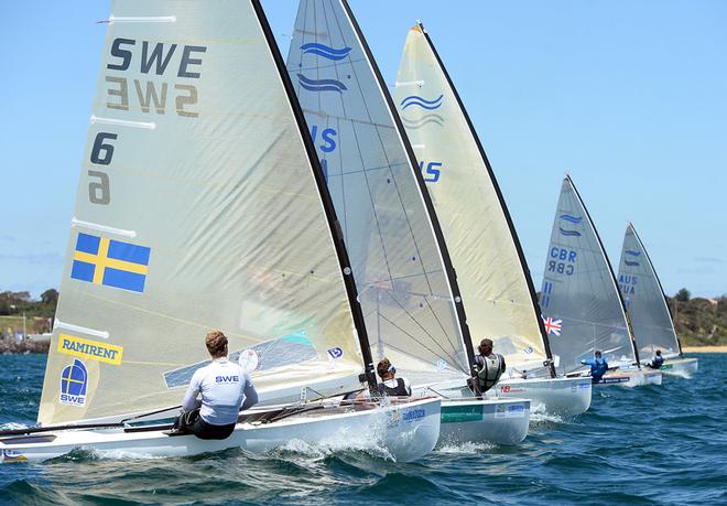 Finn Fleet start - ISAF Sailing World Cup Melbourne 2014. © Jeff Crow/ Sport the Library http://www.sportlibrary.com.au
