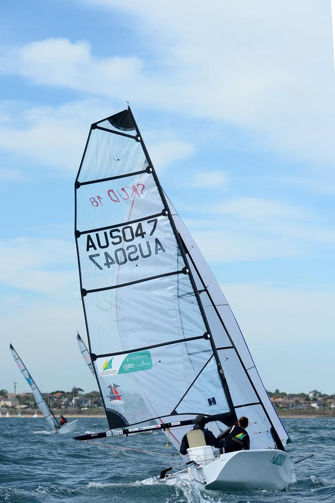 Skud - Fitzgibbon - Tesch - ISAF Sailing World Cup Melbourne 2014. © Jeff Crow/ Sport the Library http://www.sportlibrary.com.au