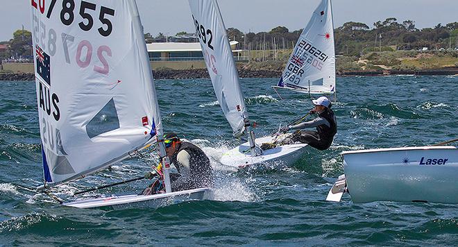 Ashley Stoddart tacks onto the lay line for the top mark, as Alison Young (206251) extends her lead - 2014 ISAF Sailing World Cup, Melbourne ©  John Curnow