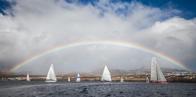A perfect double rainbow marks the start of the inaugural RORC Transatlantic Race and farewell to hosts, Puerto Calero Marina and Lanzarote - 2014 RORC Transatlantic Race. © Puerto Calero/James Mitchell