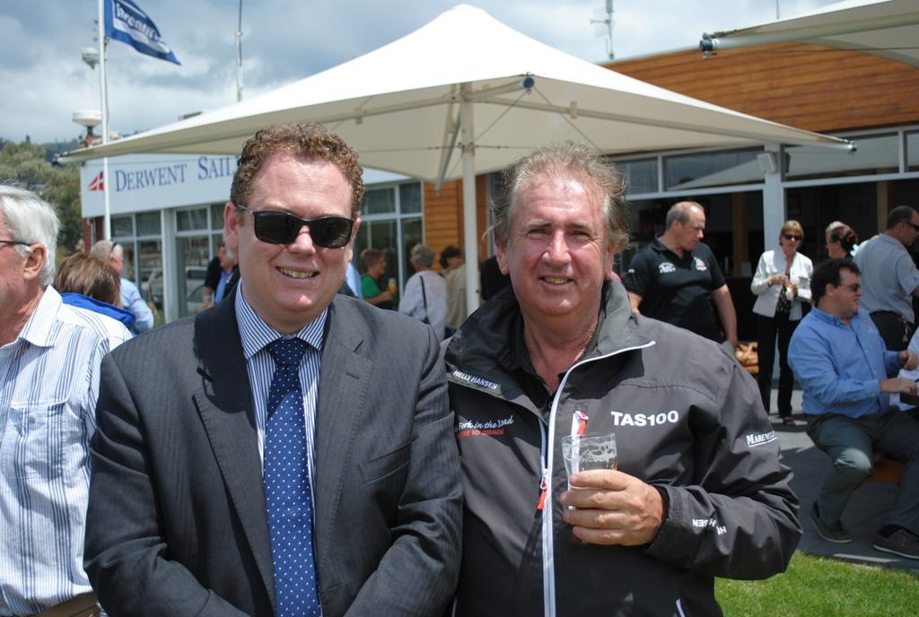 Gary Smith (right) skipper of The Fork in the Road with Commodore Richard Batt from the Royal Yacht Club of Tasmania at the launch of the Launceston to Hobart race.  © Peter Campbell