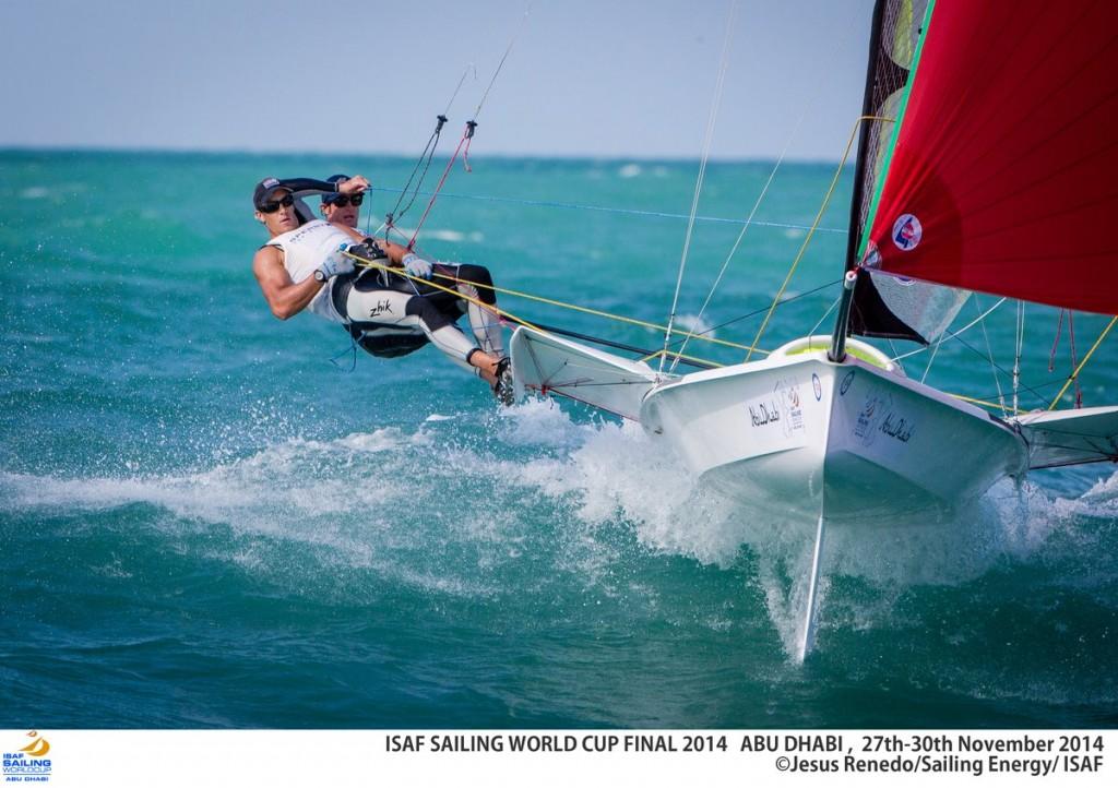 Brad Funk (Miami, Fla.) and Trevor Burd (Marblehead, Mass.) race in the 49er class at the ISAF Sailing World Cup Final in Abu Dhabi - ISAF Sailing World Cup Final Abu Dhabi 2014. ©  Jesus Renedo / Sailing Energy http://www.sailingenergy.com/