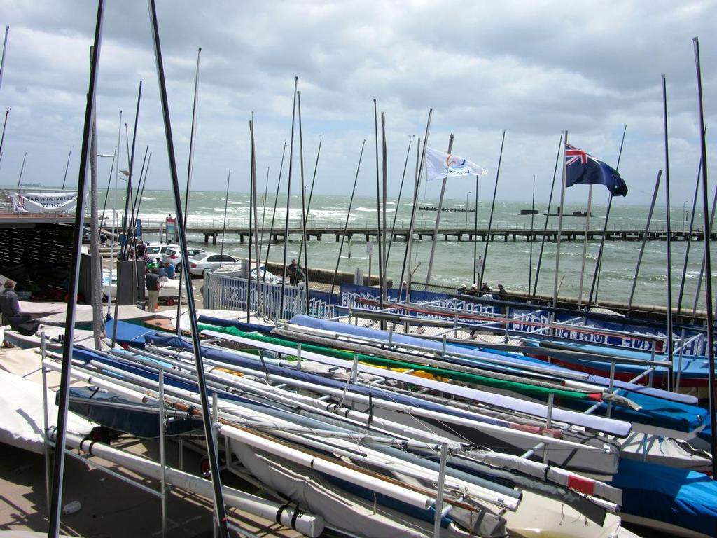 Strong winds leaves OK Dinghy worlds 2014 fleet on shore for second day. © International OK Dinghy Association - copyright http://www.okdia.org/