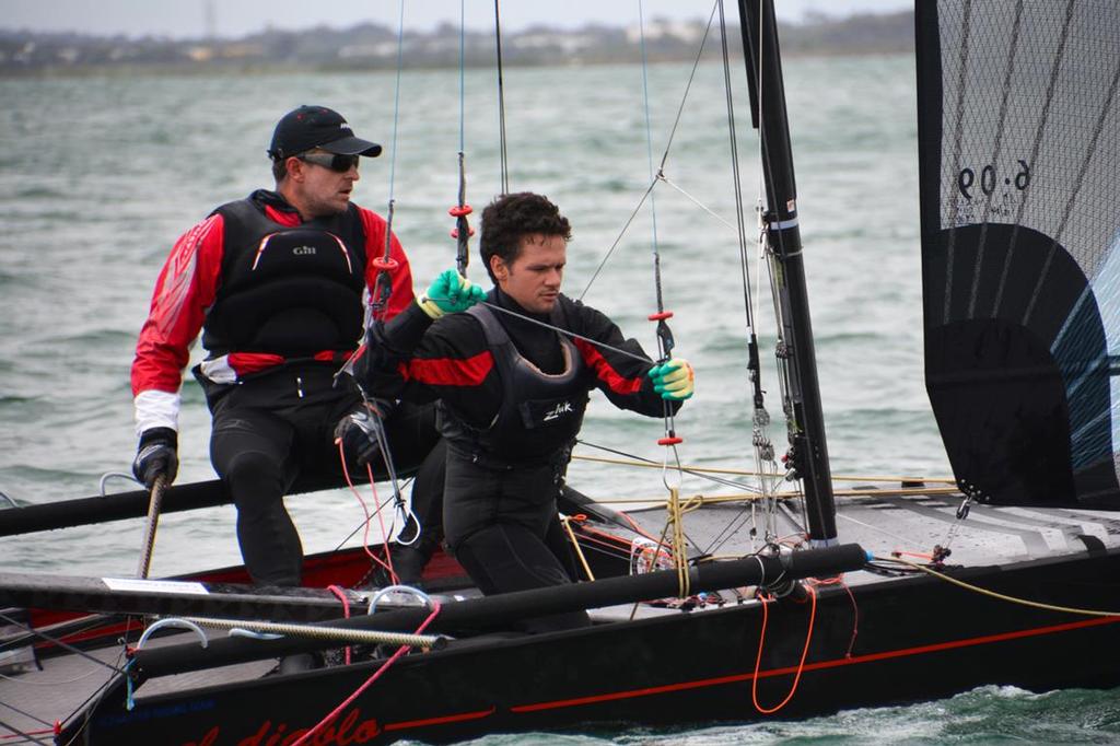 El Diablo experiencing mechanical issues Flight 1 semi finals, Dave Heyter and Trent Neighbour - International 14 Teams Racing World Championship 2015. photo copyright Rhenny Cunningham taken at  and featuring the  class
