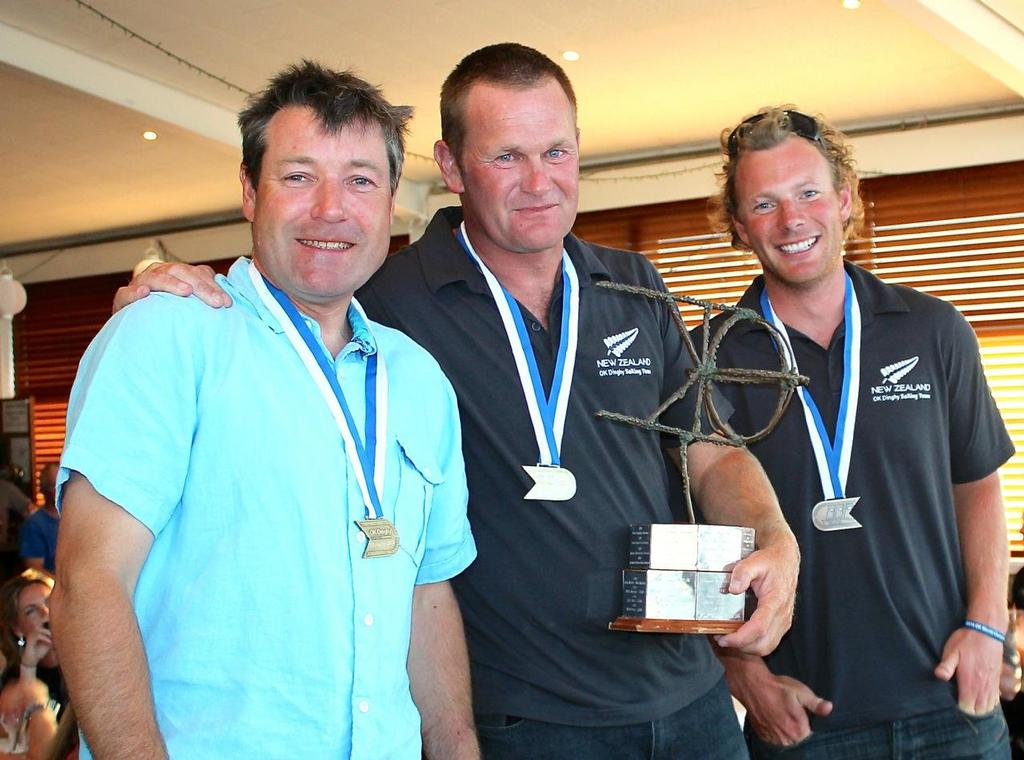 Roger Blasse (AUS), Matt Stechmann (NZL) and Luke O'Connell (NZL) - OK Dinghy World Championship 2014-15.  ©  Robert Deaves