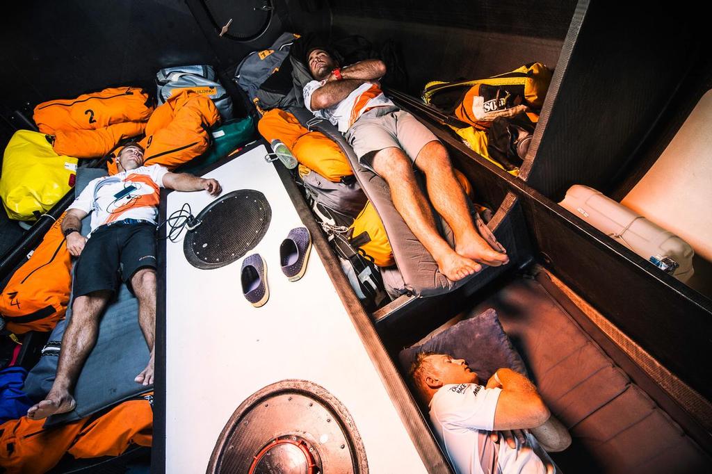 January 5, 2015. Leg 3 onboard Team Alvimedica. Day 2. The close sailing east through the Straits of Hormuz continues, and the fleet enters the Gulf on it's way towards India. The bow is full of bodies in light sailing conditions. © Volvo Ocean Race http://www.volvooceanrace.com