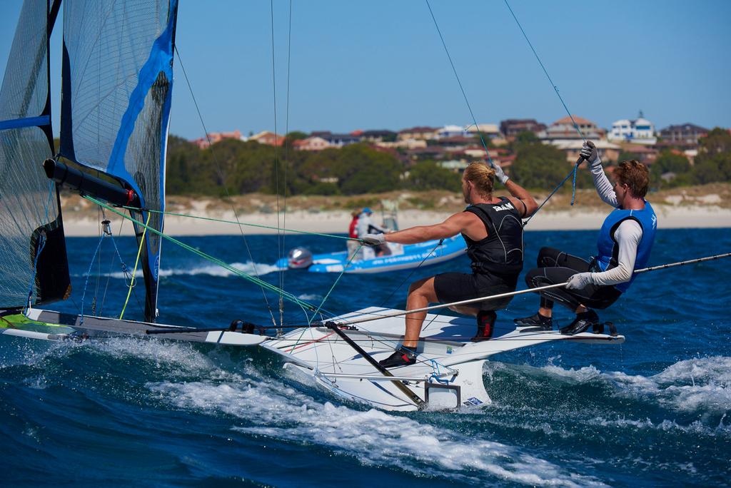 All male 49erFX team Stent/Robinson lead into the final day - 2014-15 Zhik Australian 9er Championships photo copyright David Price taken at  and featuring the  class
