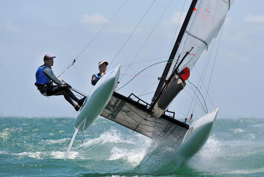 Helm: Darren Bundock / Crew: Nina Curtis (AUS)<br />
Racing -Day 4 / Nacra 17<br />
ISAF Sailing World Cup - Melbourne © Jeff Crow/ Sport the Library http://www.sportlibrary.com.au