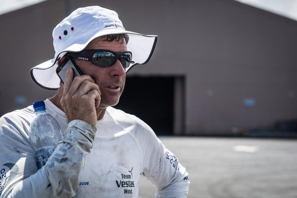 December 03, 2014. Rob Salthouse (NZL) as the Team Vestas Wind crew arrives to Mauritius with all the equipment they rescued from the boat after grounding on the Cargados Carajos Shoals on the 29th November  ©  Marc Bow / Volvo Ocean Race
