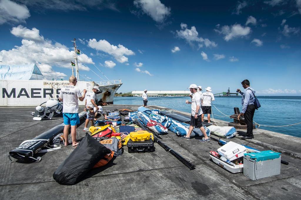 December 03, 2014. Team Vestas Wind crew arrives to Mauritius with all the equipment they rescued from the boat after grounding on the Cargados Carajos Shoals on the 29th November ©  Marc Bow / Volvo Ocean Race