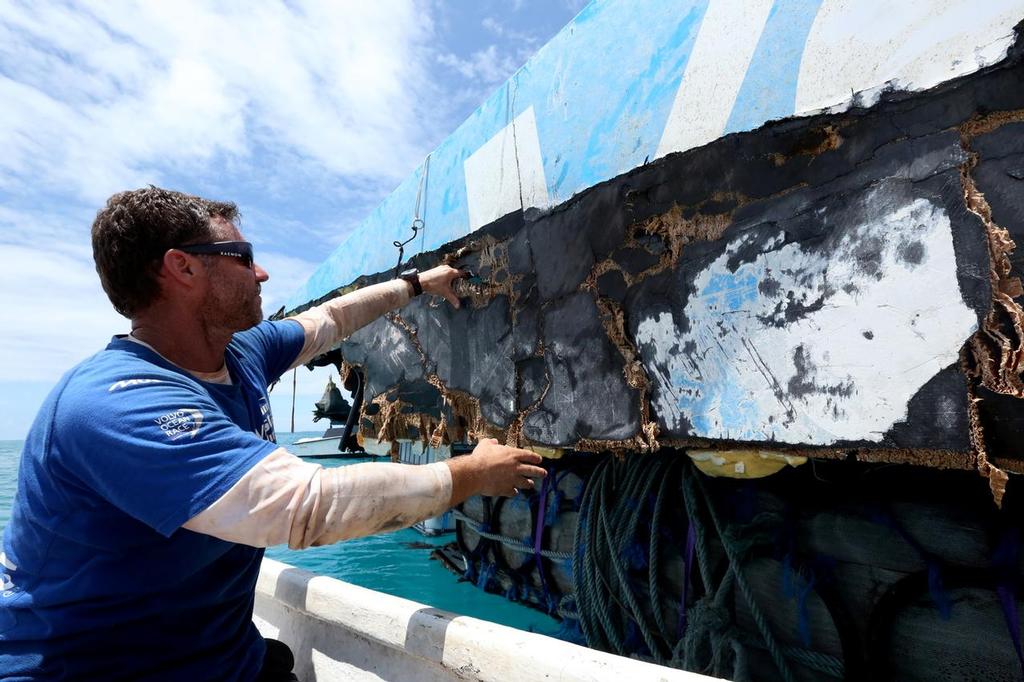 December 21, 2014. Team Vestas Wind boat is moved from St Brandon Island - Mauritius and loaded into a MAERSK cargo boat. © Shane Smart/Volvo Ocean Race http://www.volvooceanrace.com