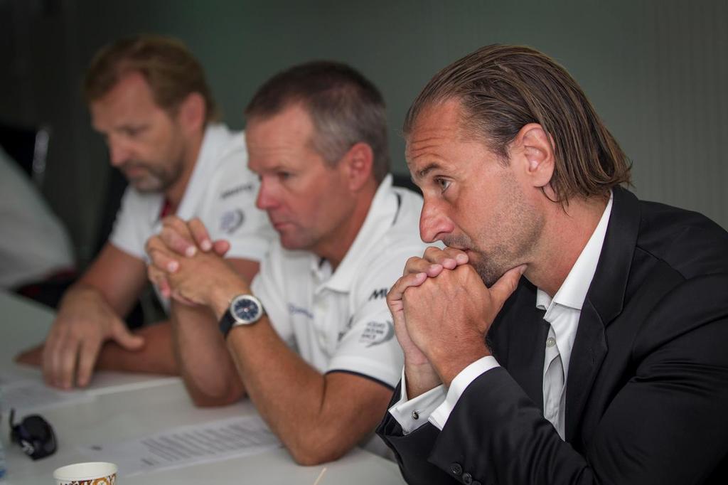 January 02, 2015. Team Vestas Wind conference call to inform media about the future of the team in Abu Dhabi. Morten Albaek,CEO Team Vestas Wind and Vestas Chief Marketing Officer and Chris Nicholson,Skipper Team Vestas Wind. photo copyright  Ainhoa Sanchez/Volvo Ocean Race taken at  and featuring the  class