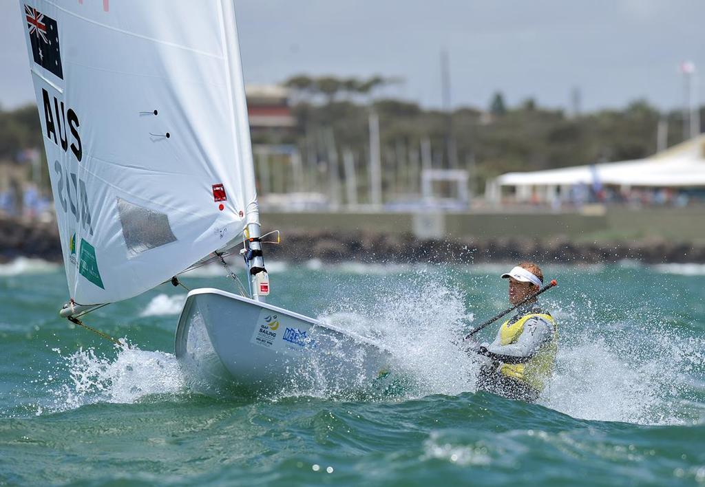 Tom Burton (AUS/AST) leads the results in the Laser class - ISAF Sailing World Cup – Melbourne 2014. © Jeff Crow/ Sport the Library http://www.sportlibrary.com.au
