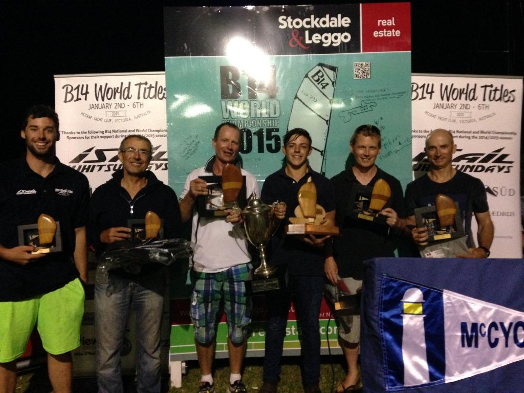 World Championship podium (left to right, David Cunningham, Ian Cunningham, Guy Bancroft, Lachlan Imeneo, Leigh Dunstan and Brent Frankcombe -  2015 ISail Whitsundays B14 World Championship © Rhenny Cunningham