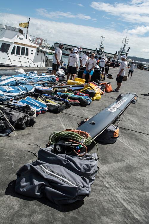 Team Vestas Wind crew arrives to Mauritius with all the equipment they rescued from the boat after grounding on the Cargados Carajos Shoals on the 29th November ©  Marc Bow / Volvo Ocean Race