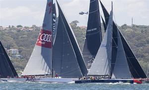 100-ft Maxis Wild Oats XI (AUS) and Comanche (USA)at start of 2014 Rolex Sydney... photo copyright  Rolex/Daniel Forster http://www.regattanews.com taken at  and featuring the  class