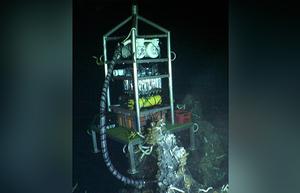 Vent-SID was deployed atop a vent site on the seafloor called Crab Spa. The Vent-SID collects fluid from the vent and incubates it in the white chambers near the top. Then it measures the rates at which microbes in the vent fluids perform chemosynthesis. photo copyright Chief Scientist Stefan Sievert WHOI taken at  and featuring the  class