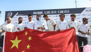 Leg Two arrivals - Abu Dhabi  Dongfeng Race Team arrive in Abu Dhabi on 13th December in second place, with an official finish time of 08:41:40 UTC (16m 20s behind Team Brunel 08:25:20) - Volvo Ocean Race 2014-15. photo copyright Yann Riou / Dongfeng Race Team taken at  and featuring the  class