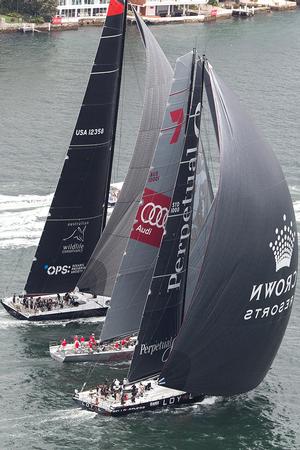 Close contest: Perpetual Loyal (Anthony Bell), Wild Oats XI (Bob Oatley AO) and Comanche (Jim & Kristy Clark) during yesterday’s SOLAS Big Boat Challenge. photo copyright Andrea Francolini http://www.afrancolini.com/ taken at  and featuring the  class