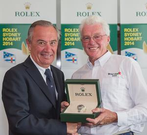 Roger Hickman (right) receives the Rolex Timepiece from Jean-Noel Bioul, Rolex SA. photo copyright  Rolex/Daniel Forster http://www.regattanews.com taken at  and featuring the  class