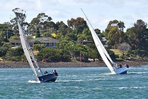 Tilt (Peter Cretan) and Allusive (John Joyce) sailing through the swirling tidal rips of the Tamar River after the start. photo copyright Pamela Bonelli taken at  and featuring the  class