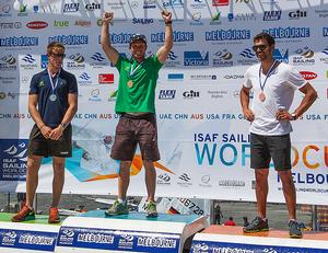 Matt Wearn, Tom Burton and Michael Bullot were chuffed, but subdued on the podium after the Medal Race in the Laser.. - 2014 ISAF Sailing World Cup, Melbourne. photo copyright  John Curnow taken at  and featuring the  class