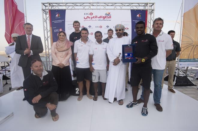 Leg seven mussanah-Muscat. EFG Bank (Monaco) Skipper: Sidney Gavignet (FRA) at Prize giving at Oman Sail HQ Muscat Oman.  - EFG Sailing Arabia – The Tour 2014 © Lloyd Images