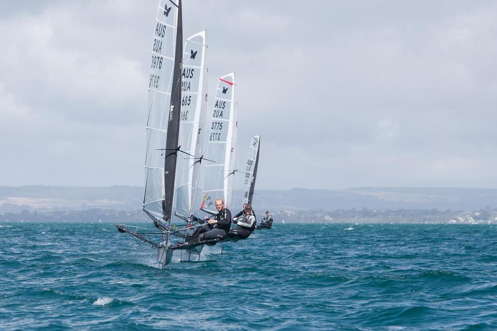 49er Champ Sam Philips leads a pack into the bottom mark - 2014 KA Sail Victorian Moth State Championships photo copyright Cherrie Owen-Smith taken at  and featuring the  class