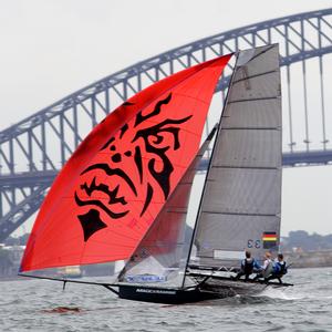 Germany's Magic Marine with her specdtacular spinnaker - JJ Giltinan 18ft Skiff Championship 2014 photo copyright Australian 18 Footers League http://www.18footers.com.au taken at  and featuring the  class