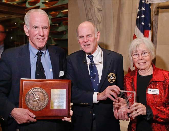 Far Horizons Award: The Cruising Club of America Commodore Frederic T. Lhamon (center) presents the 2013 Far Horizons Award to Tom and Dorothy Wadlow for an admirable 18 years and 75,000 miles of cruising. © Dan Nerney 