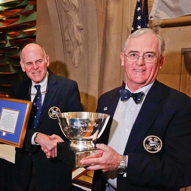 Richard S. Nye Trophy: The Cruising Club of America Commodore Frederic T. Lhamon (left) presents the 2013 Richard S. Nye Trophy to Stephen E. Taylor (right) for sharing with the club his meritorious service and extensive cruising experience. © Dan Nerney 