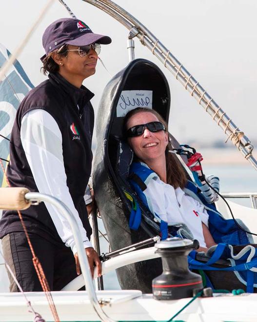 Hilary Lister British quadriplegic sailor( paralysed from the neck down) and Nashwa Al Kindi (OMA) shown here finishing their trans-ocean crossing from Mumbai - Muscat. Oman. Onboard a specially adapted Dragonfly trimaran. © Lloyd Images