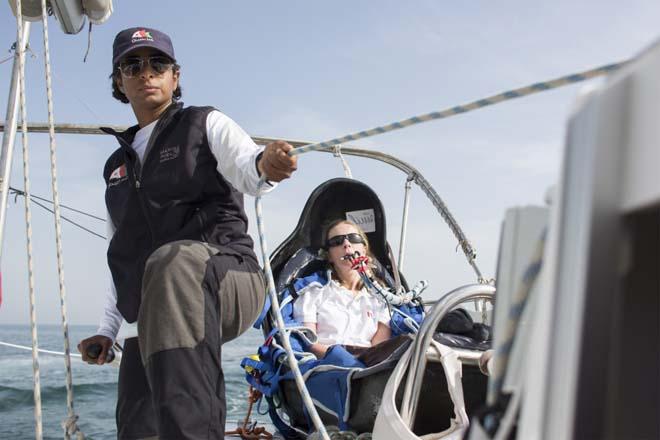 Hilary Lister British quadriplegic sailor( paralysed from the neck down) and Nashwa Al Kindi (OMA) shown here finishing their trans-ocean crossing from Mumbai - Muscat. Oman. Onboard a specially adapted Dragonfly trimaran © Lloyd Images