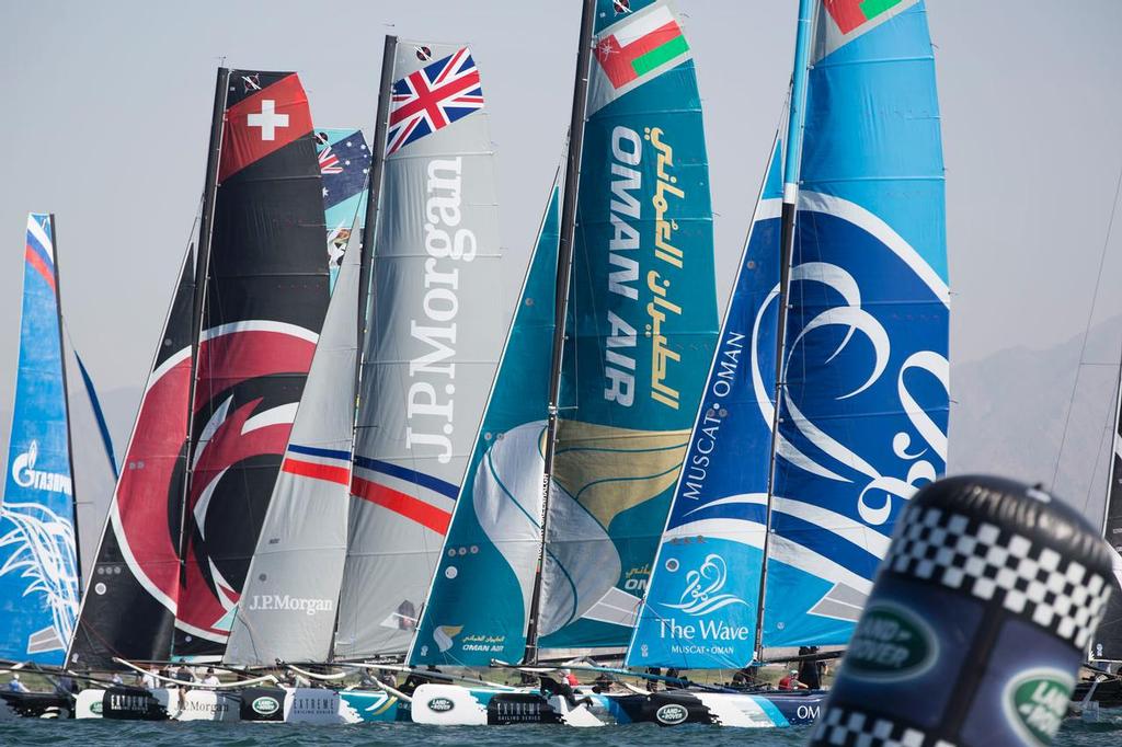 The Extreme Sailing Series 2014. Act 2. Muscat. <br />
Teams The Wave Muscat, Oman Air, JP Morgan, Alinghi and Gazprom (right to left)<br />
 © Lloyd Images/Extreme Sailing Series