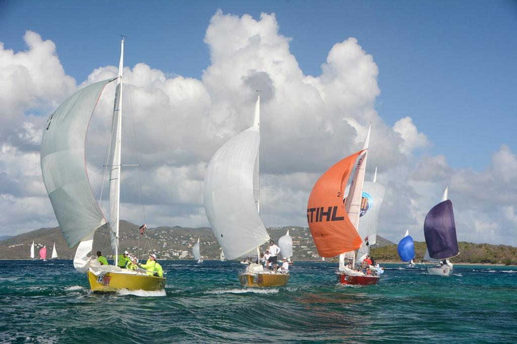 The IC24 Class makes a spectacular and spectator-friendly last-race finish in Cowpet Bay. © Dean Barnes