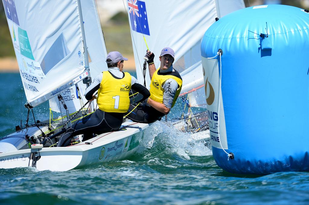 ISAF Sailing World Cup - Melbourne 2013: 470M Medal Race: Belcher & Ryan (AUS) - ISAF Sailing World Cup - Melbourne 2013 photo copyright  Jeff Crow taken at  and featuring the  class