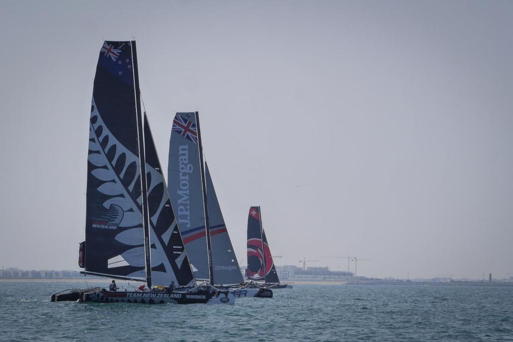 Emirates Team New Zealand in the lead in race 2 sailing on Day 2 of the Extreme Sailing Series Act 2 in Muscat, Oman. © Hamish Hooper/Emirates Team NZ http://www.etnzblog.com