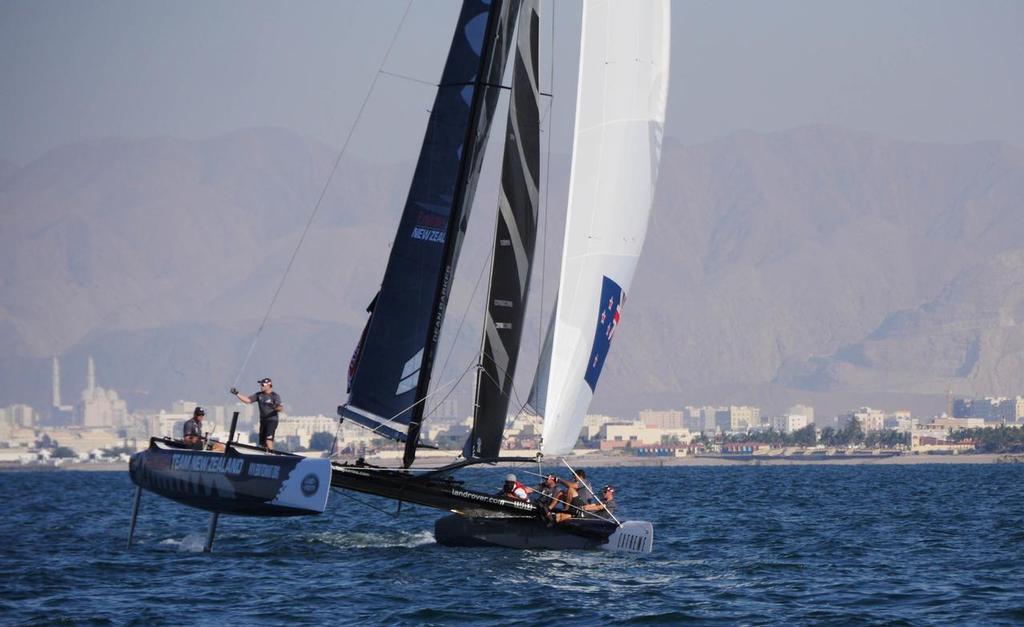 Emirates Team New Zealand sailing on Day 1 of the Extreme Sailing Series Act 2 in Muscat, Oman. © Emirates Team New Zealand http://www.etnzblog.com