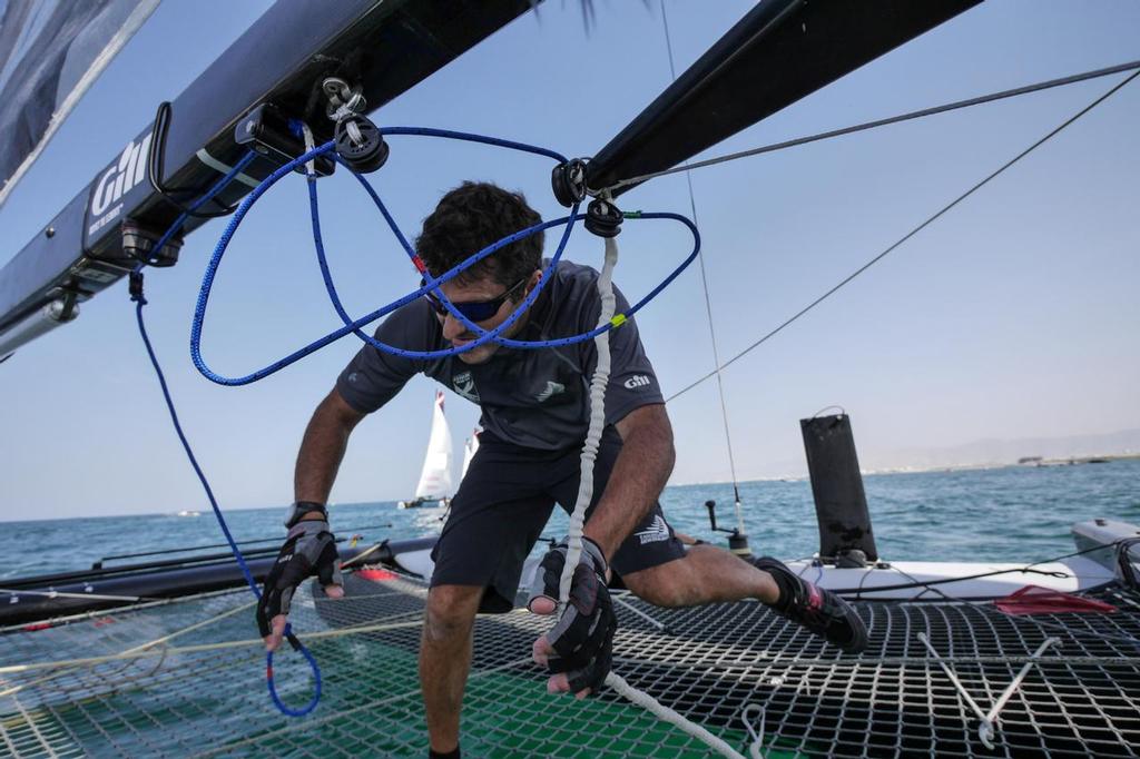 Jeremy Lomas in action on Day 2 of the Extreme Sailing Series Act 2 in Muscat, Oman. © Hamish Hooper/Emirates Team NZ http://www.etnzblog.com